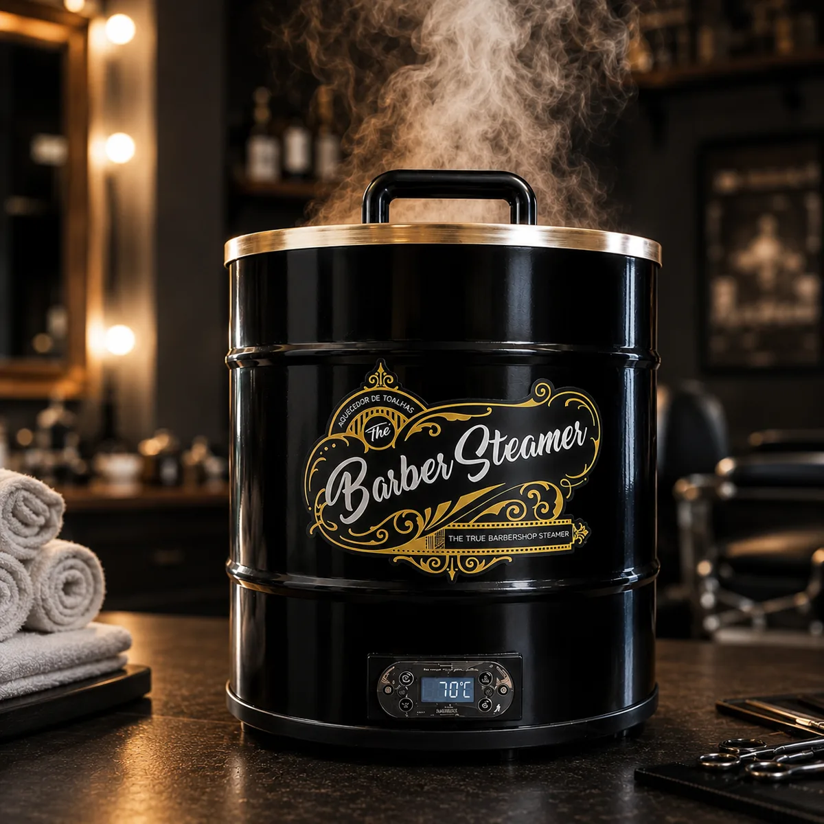 Barber Steamer em funcionamento liberando vapor em bancada de barbearia