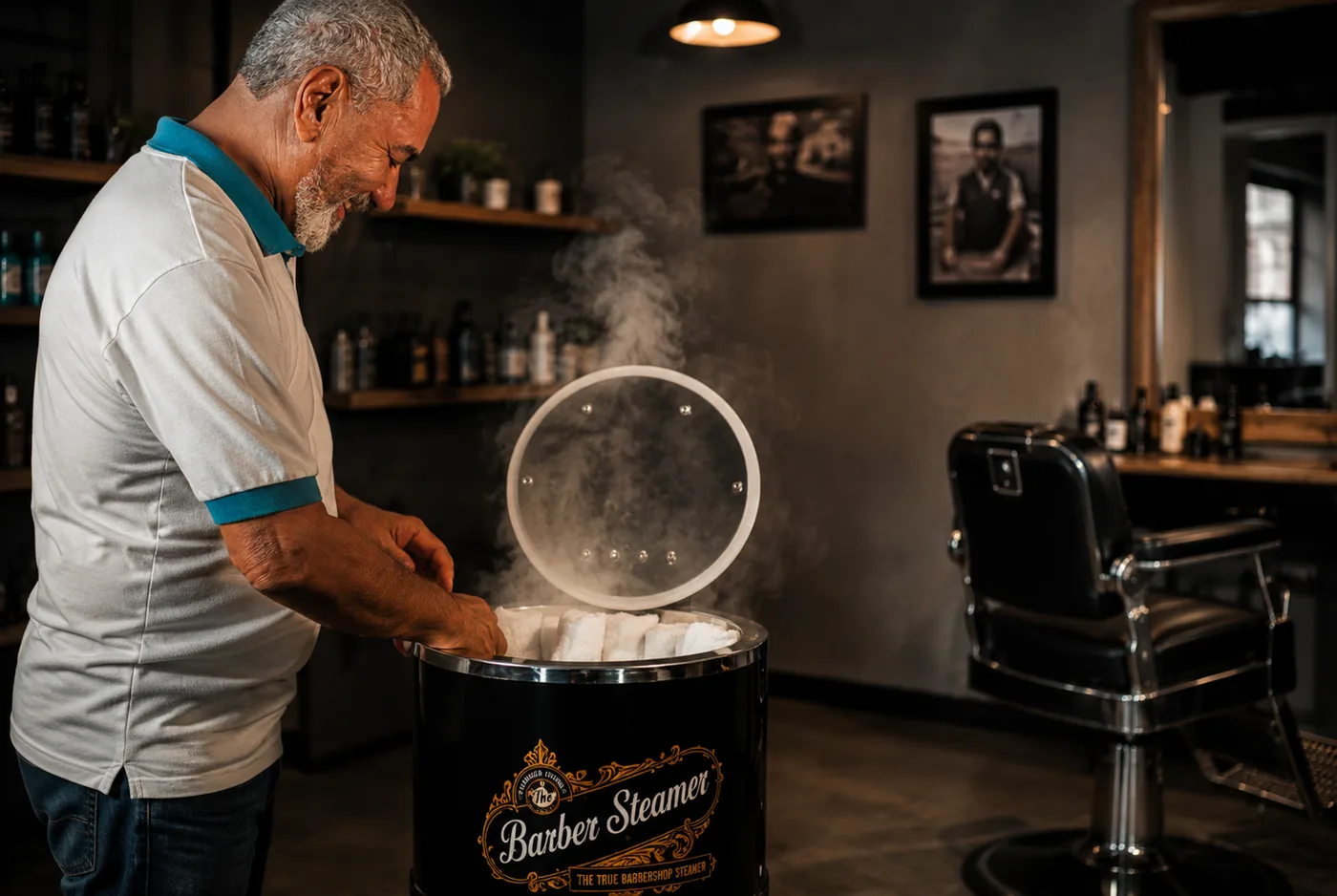 Barbeiro preparando toalhas quentes no Barber Steamer dentro da barbearia